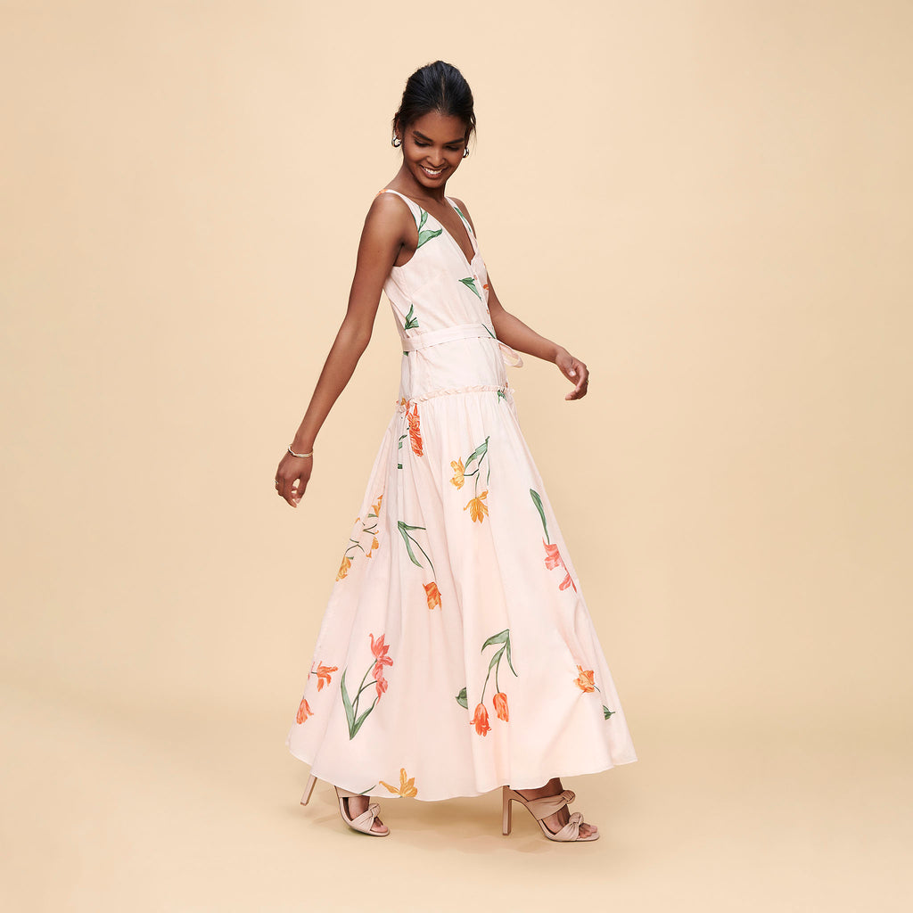 Cotton Voile Tulip Print V-Neck Dress Large / Beige / Multi Cotton Voile Tulip Print V-Neck Dress Large / Beige / Multi