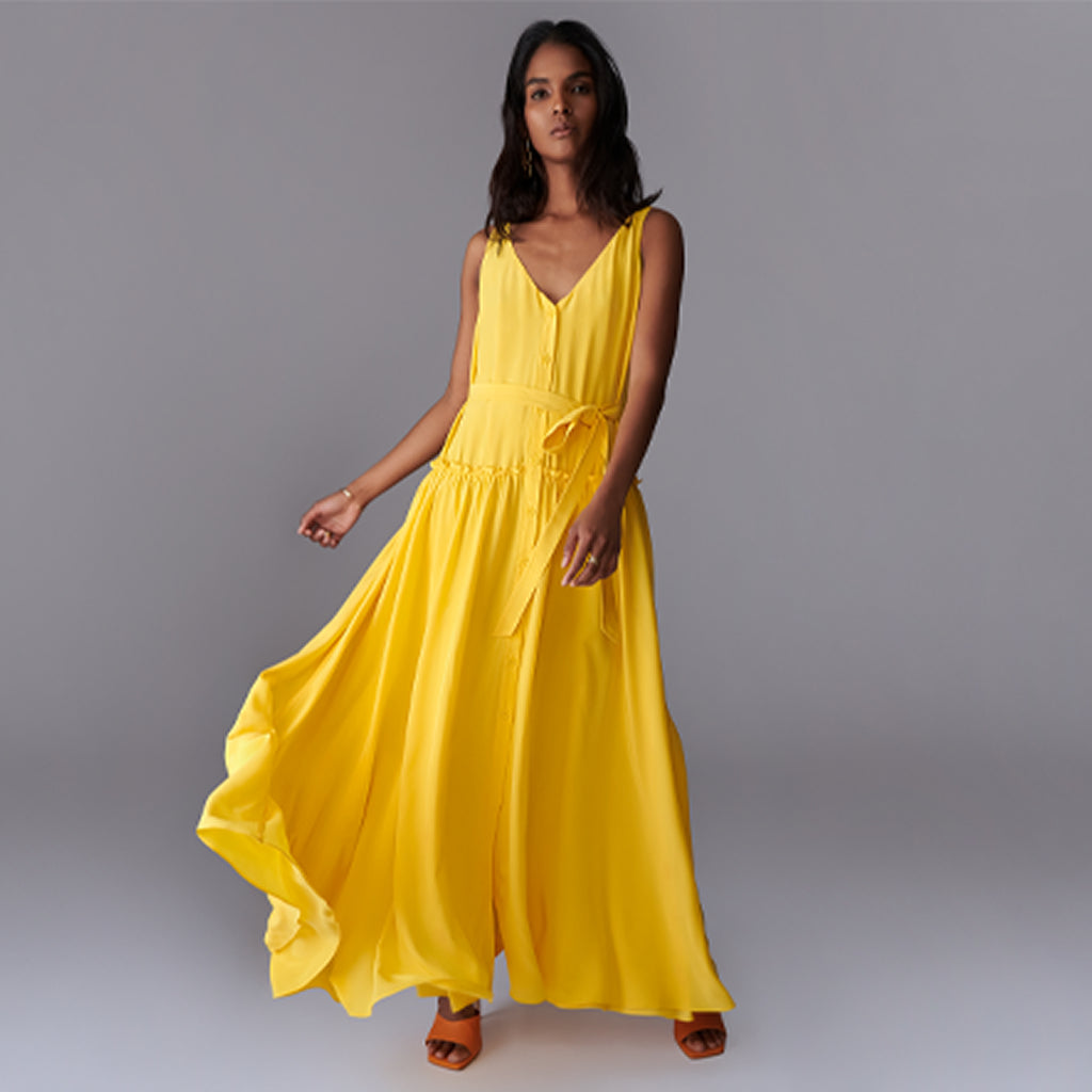Yellow Georgette V-neck Flared Dress XL / Sun Yellow Yellow Georgette V-neck Flared Dress XL / Sun Yellow